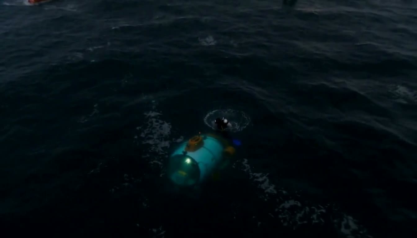 The submarine's lights glow as it slips beneath the surface