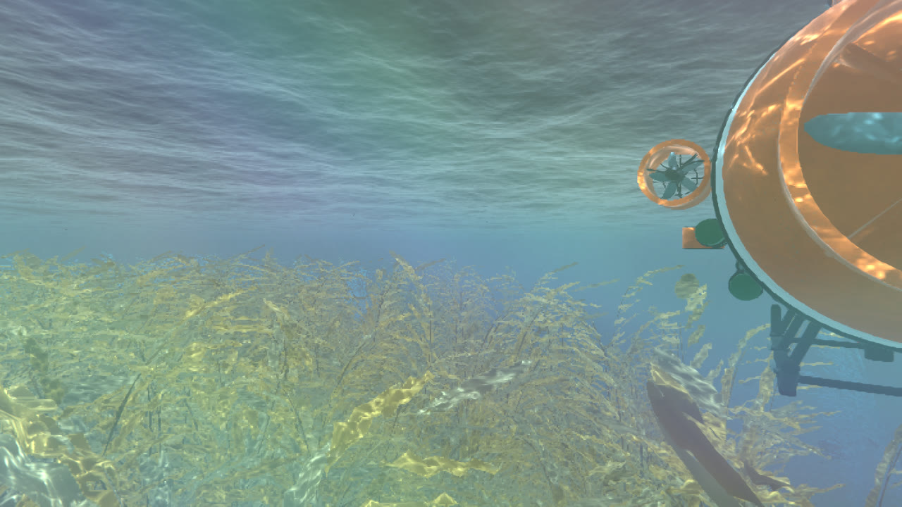 The research submarine hovering over a kelp field